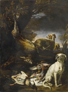 Erlegtes Villi bewacht von Hunden einer Waldlandschaftissa
